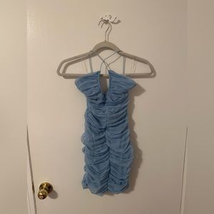 Oh Polly Cross Strap Rutched Mini Dress in Pastel Blue